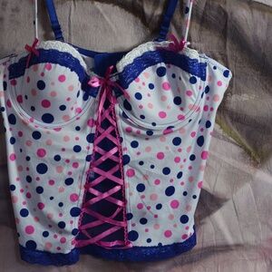 Corset Top Pink, Blue, White Poka Dots SZ L